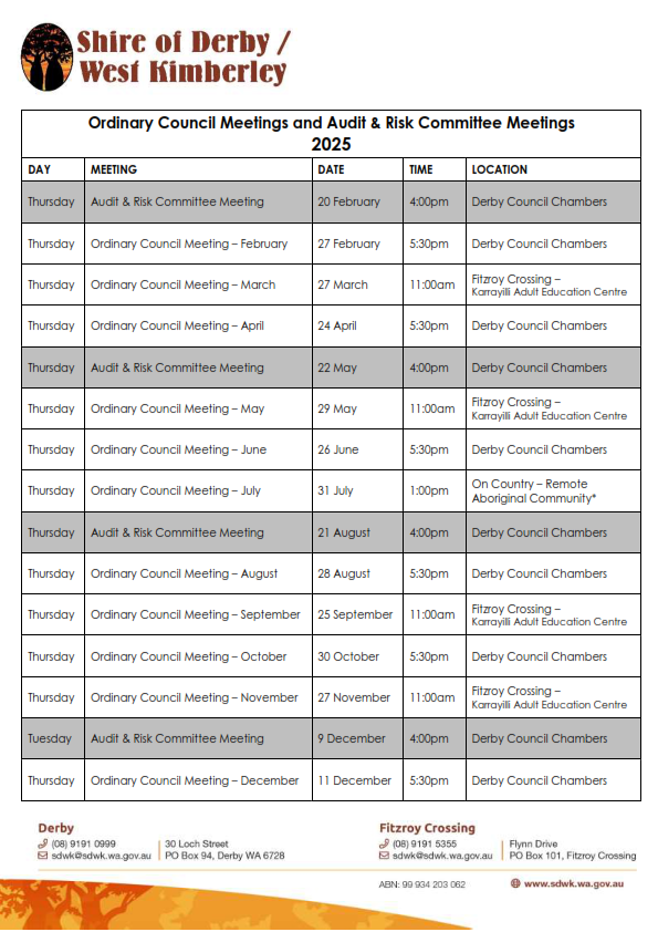 Ordinary Council Meetings and Audit & Risk Committee Meeting dates for 2025