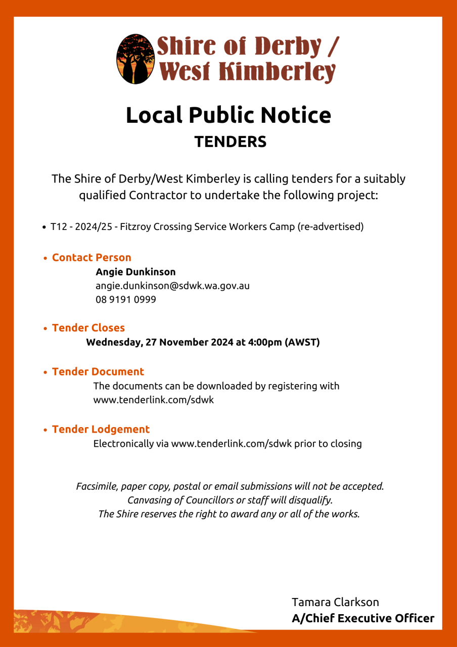 Local Public Notice - Tender - T12 - 2024/25 - Fitzroy Crossing Service